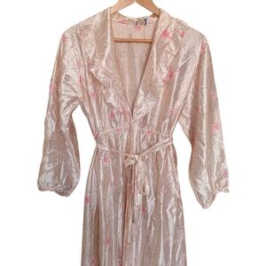 Ballet New York Cream and Pink Women's Robe Satiny Nylon M Romance Floral Maxi